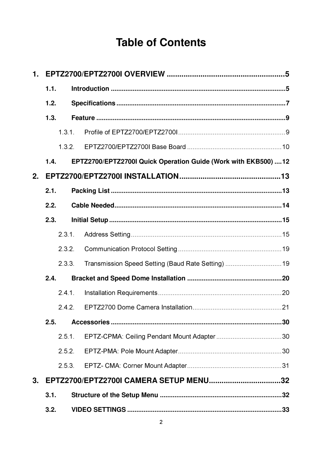 EverFocus EPTZ2700i user manual Table of Contents 