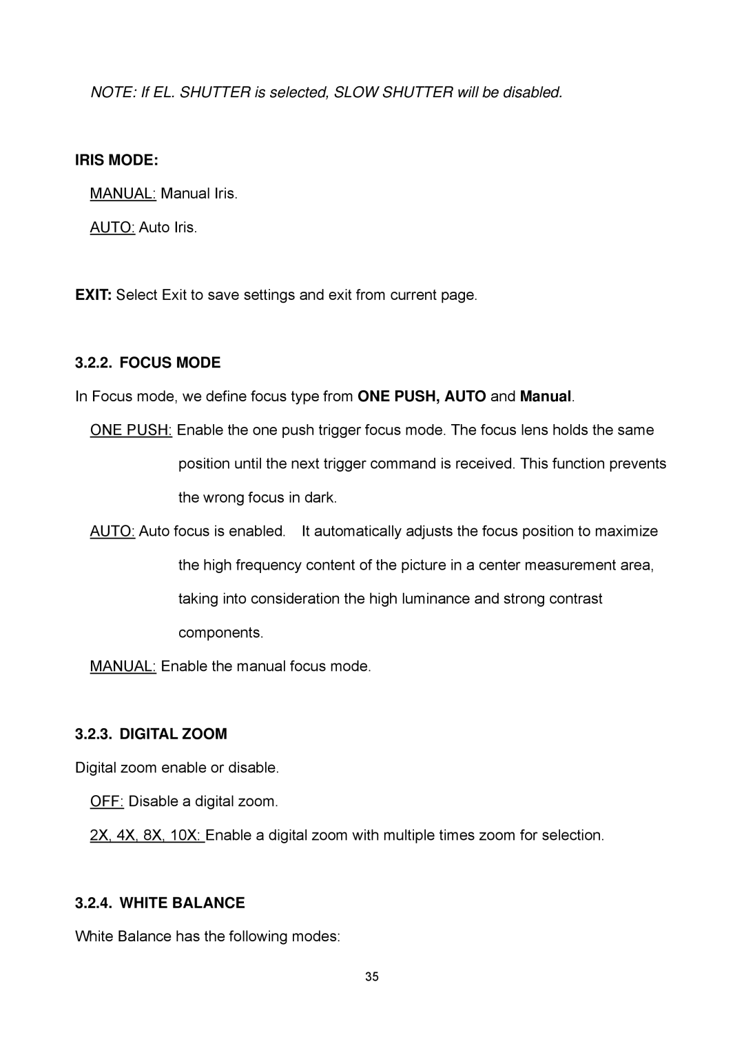 EverFocus EPTZ2700i user manual Iris Mode, Focus Mode, Digital Zoom, White Balance 