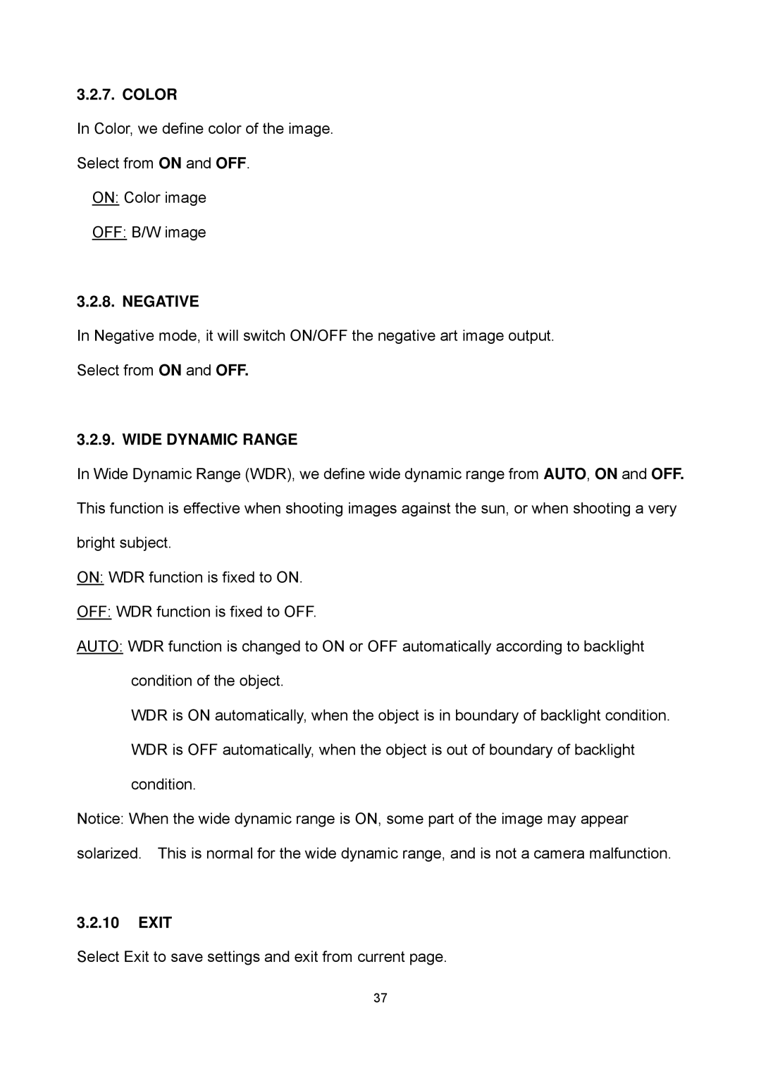 EverFocus EPTZ2700i user manual Color, Negative, Wide Dynamic Range, Exit 