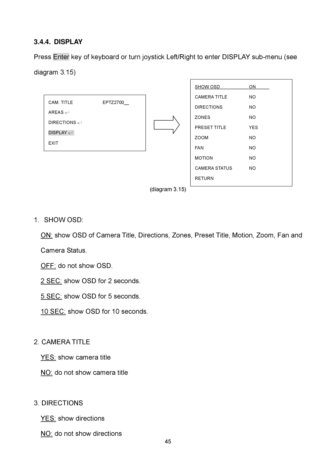 EverFocus EPTZ2700i user manual Display, Show OSD 