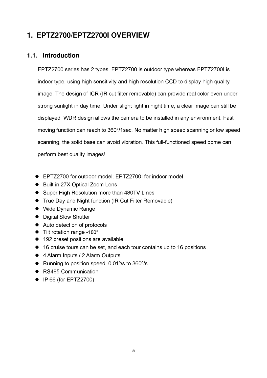 EverFocus EPTZ2700i user manual EPTZ2700/EPTZ2700I Overview, Introduction 