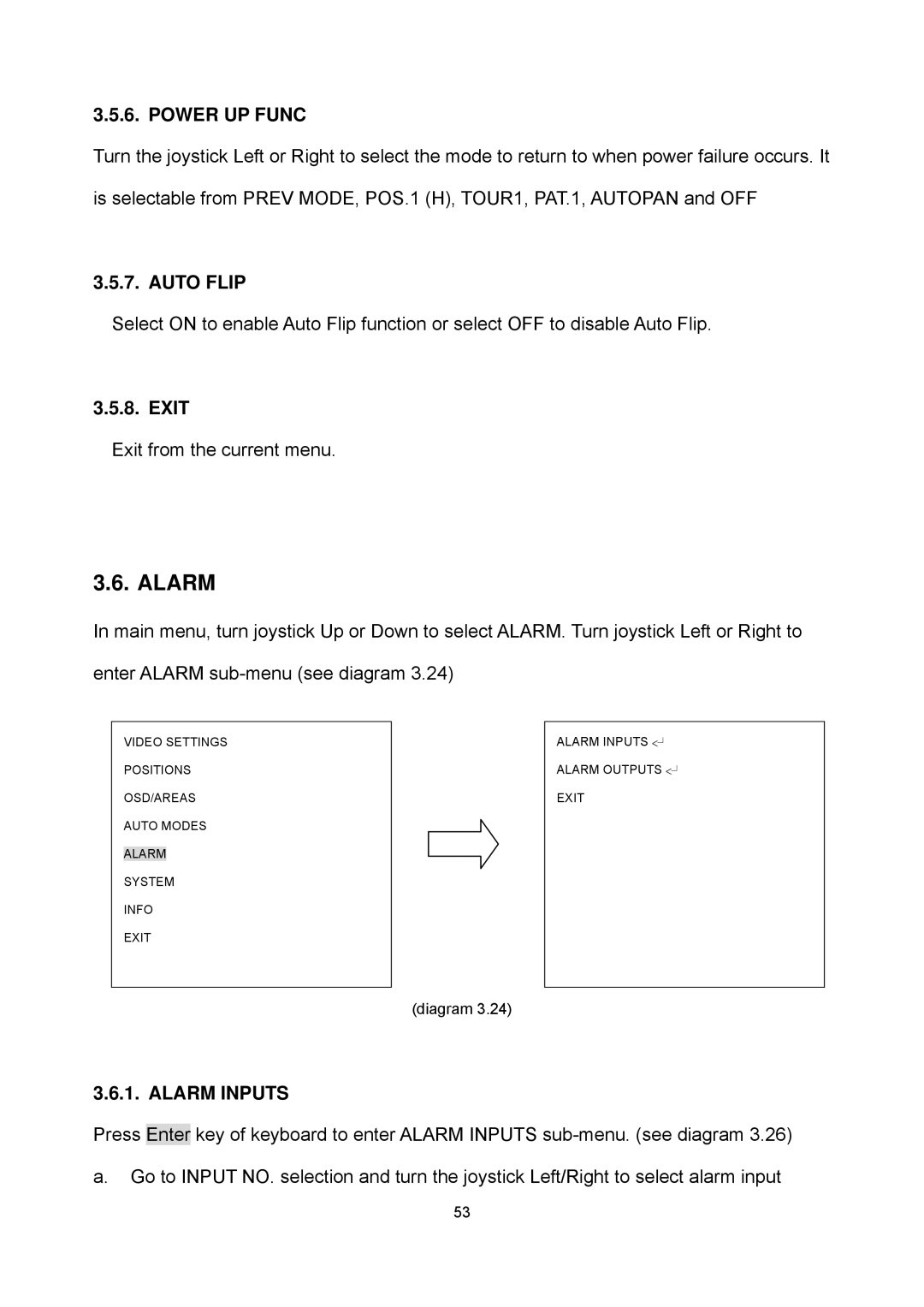 EverFocus EPTZ2700i user manual Alarm, Power UP Func, Auto Flip 