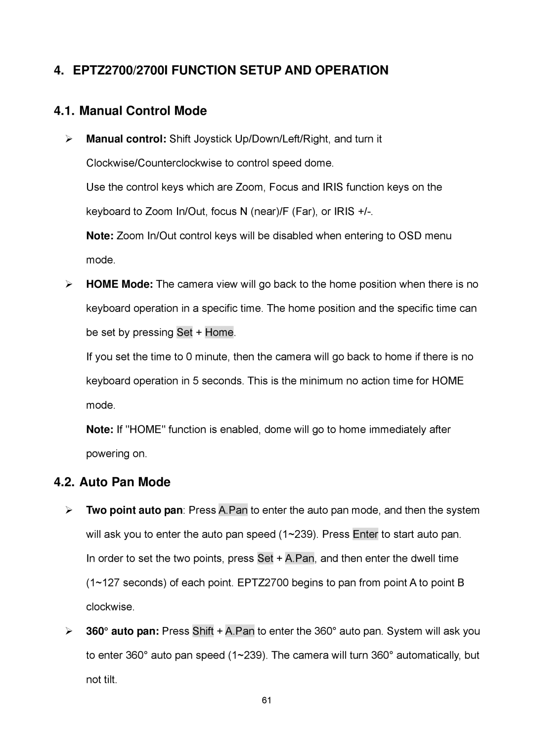 EverFocus EPTZ2700i user manual Manual Control Mode, Auto Pan Mode 