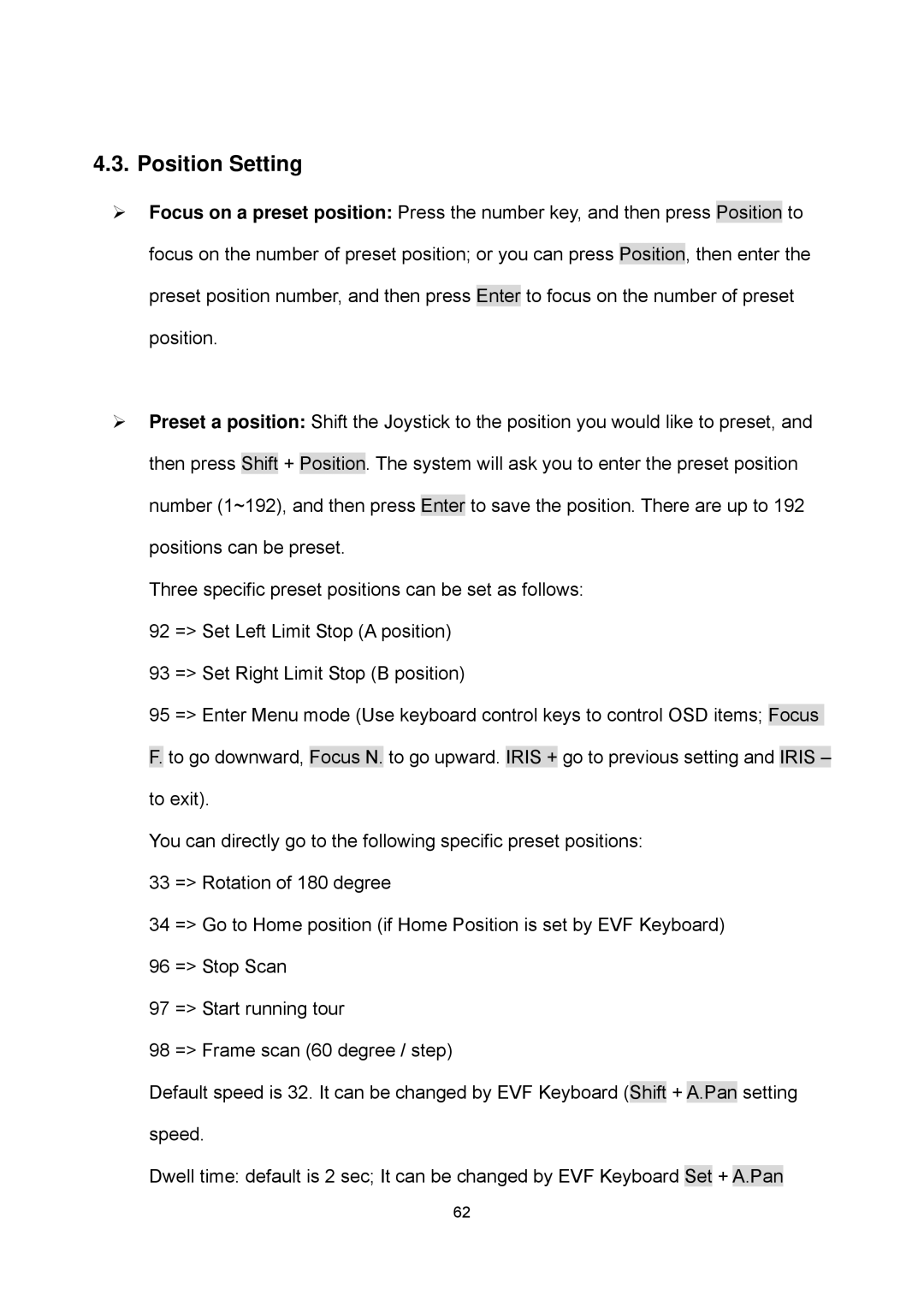 EverFocus EPTZ2700i user manual Position Setting 