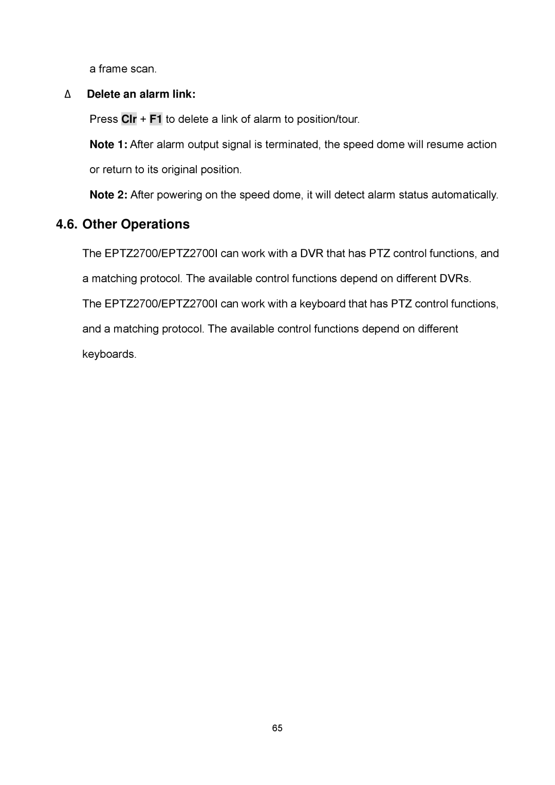 EverFocus EPTZ2700i user manual Other Operations, ¾ Delete an alarm link 