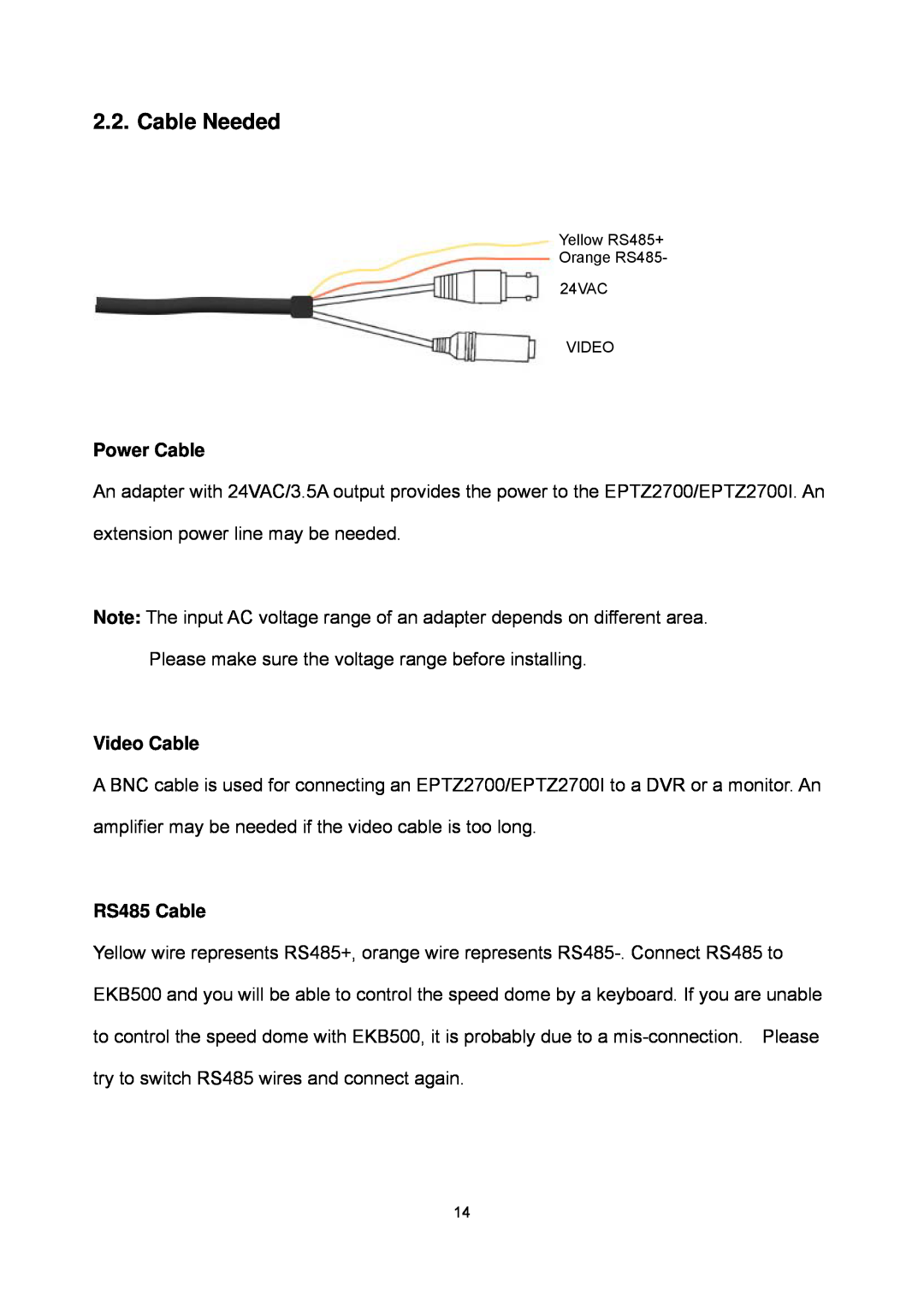 EverFocus EPTZ2700i user manual Cable Needed, Power Cable, Video Cable, RS485 Cable 