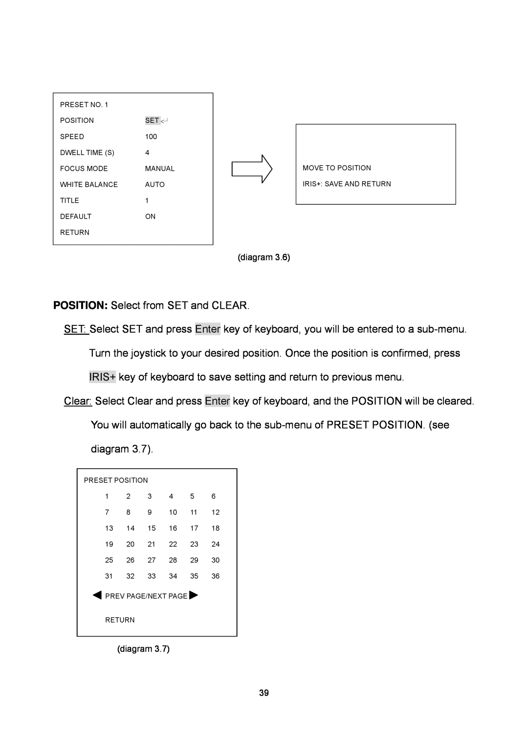 EverFocus EPTZ2700i user manual POSITION Select from SET and CLEAR 