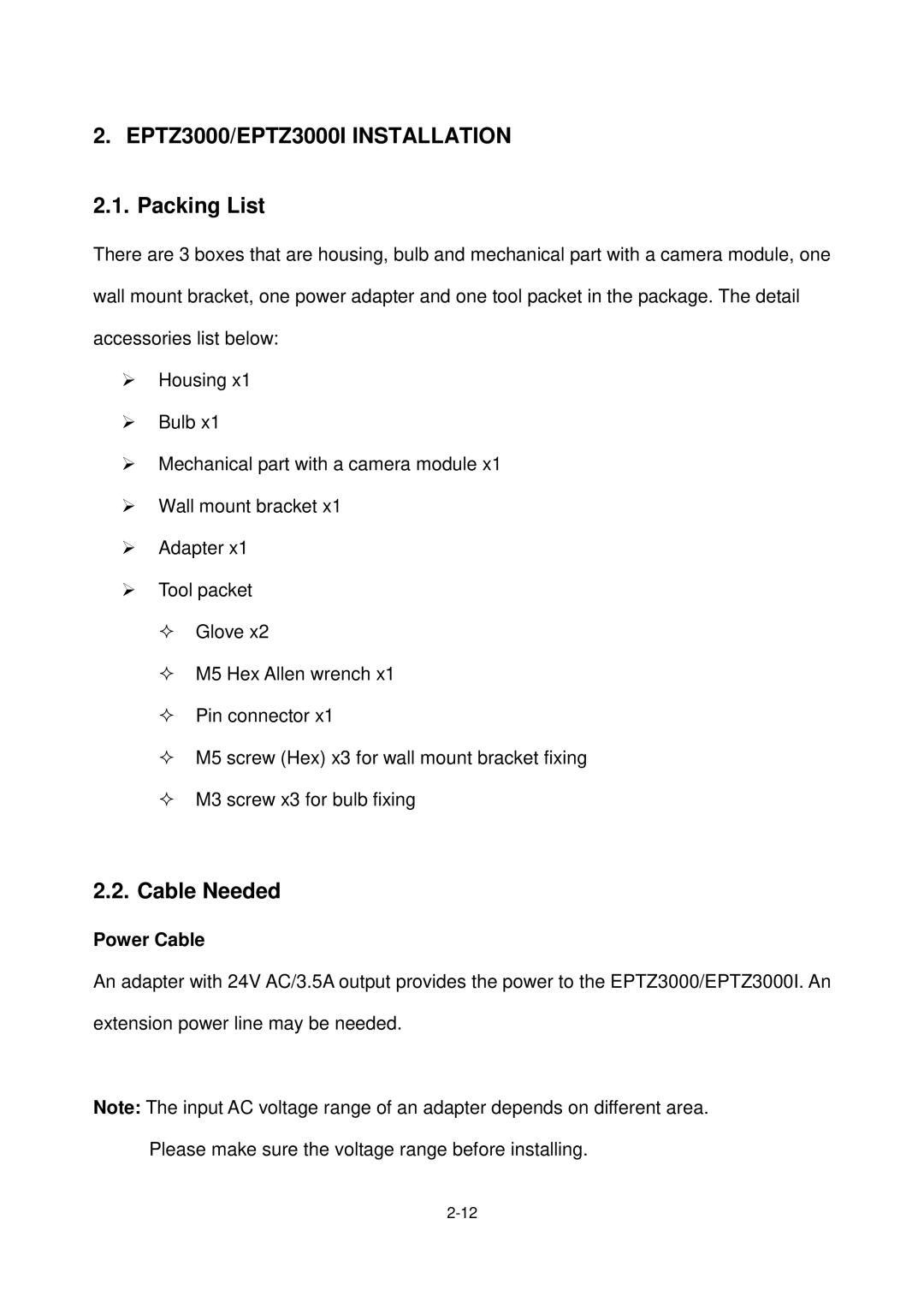 EverFocus EPTZ3000I, Eptz3000 user manual Packing List, Cable Needed, Power Cable 