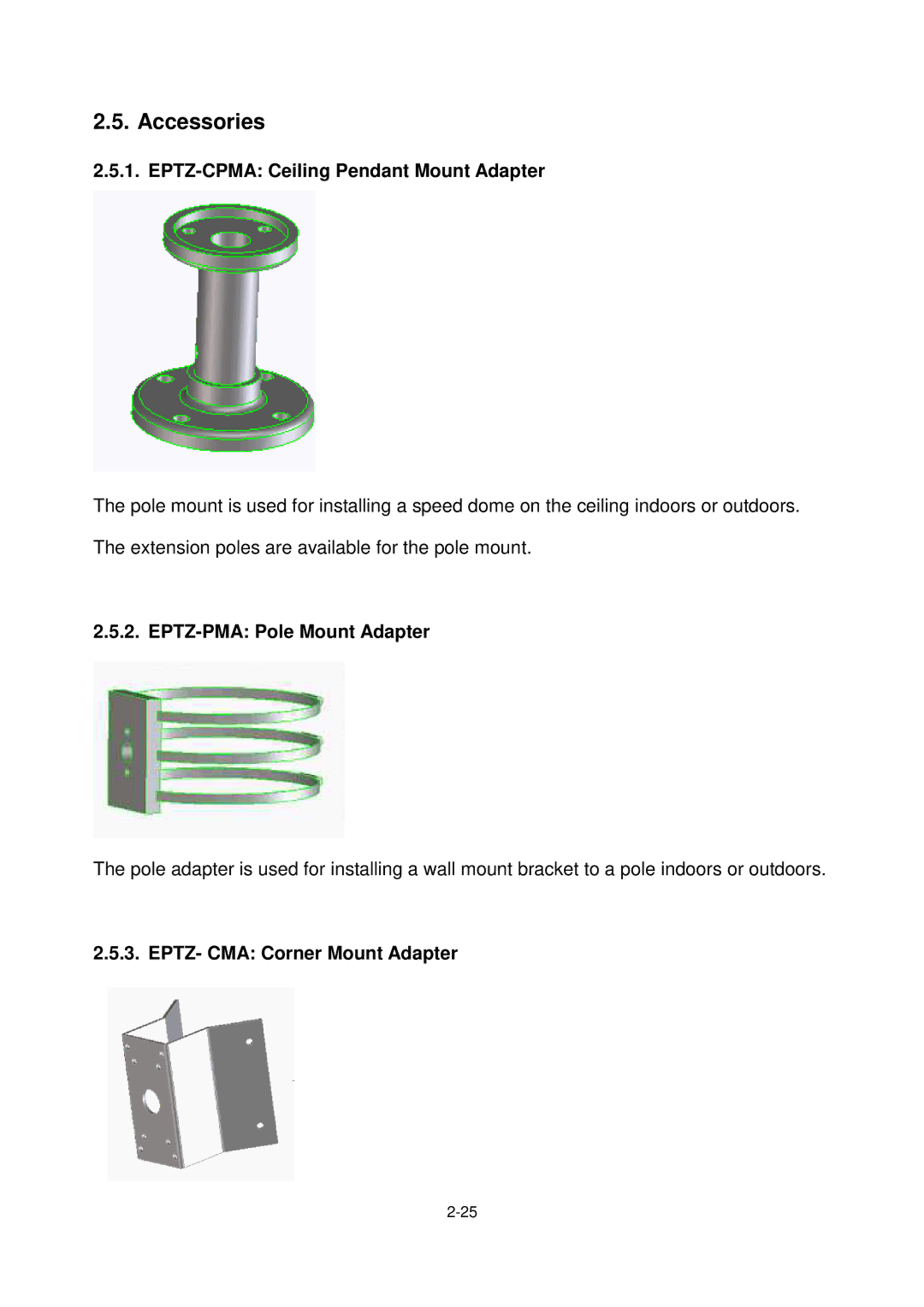 EverFocus Eptz3000, EPTZ3000I user manual Accessories, EPTZ-CPMA Ceiling Pendant Mount Adapter, EPTZ-PMA Pole Mount Adapter 