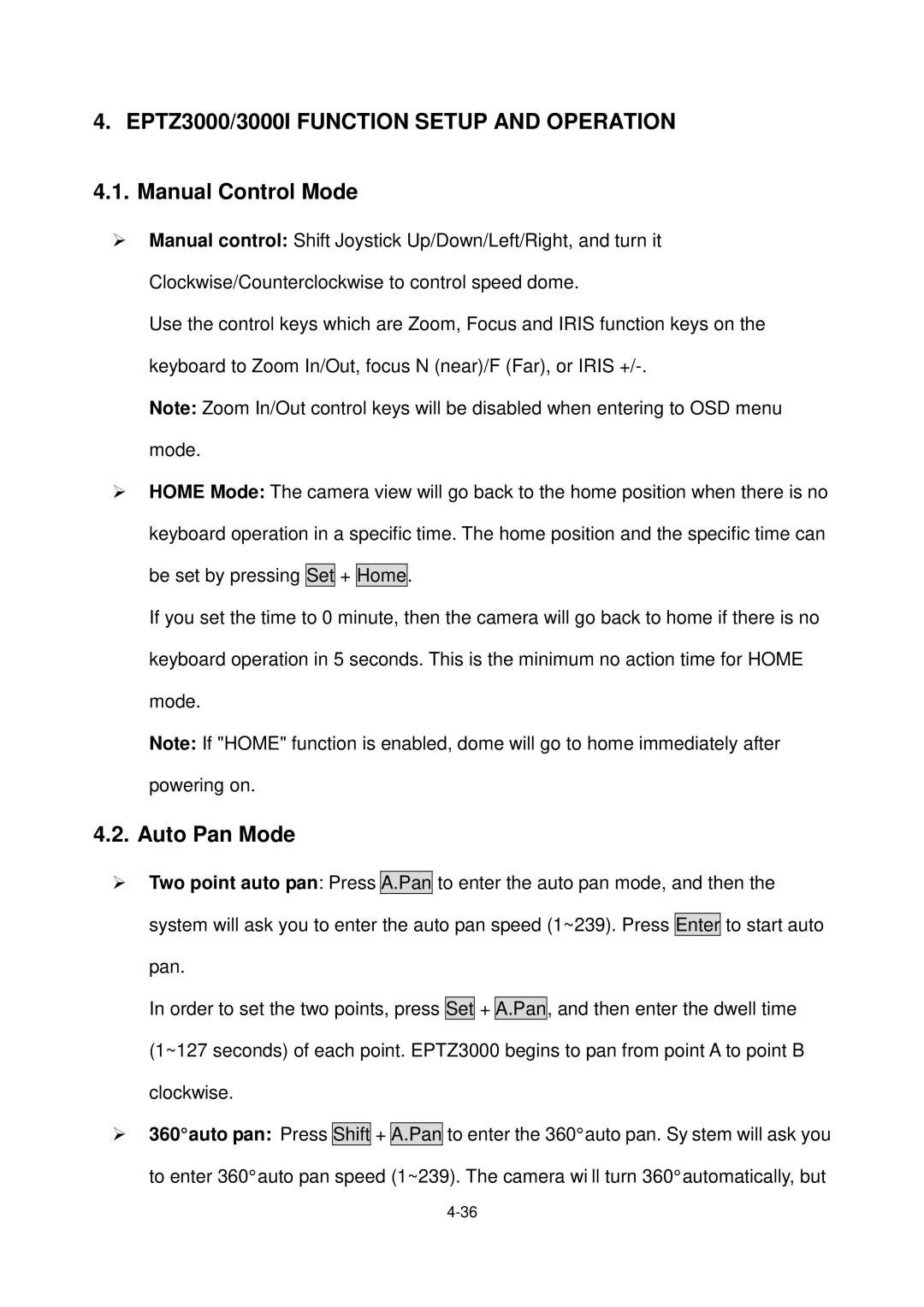 EverFocus EPTZ3000I, Eptz3000 user manual Manual Control Mode, Auto Pan Mode 