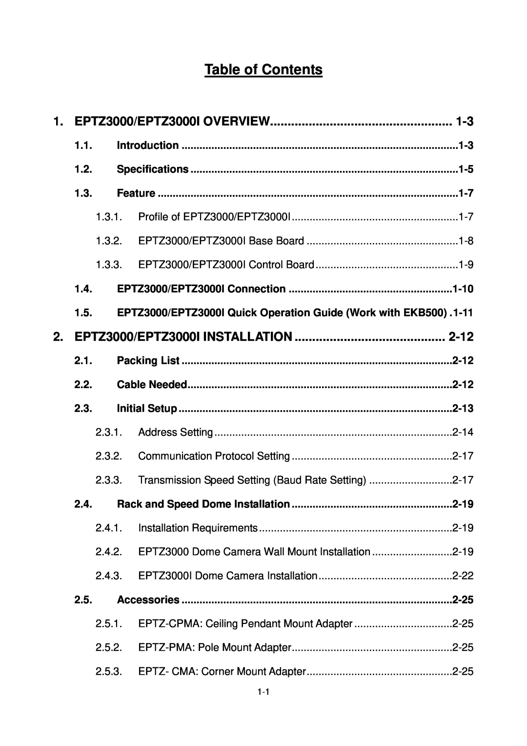EverFocus Eptz3000 user manual Table of Contents, EPTZ3000/EPTZ3000I OVERVIEW, EPTZ3000/EPTZ3000I INSTALLATION, 2-12 
