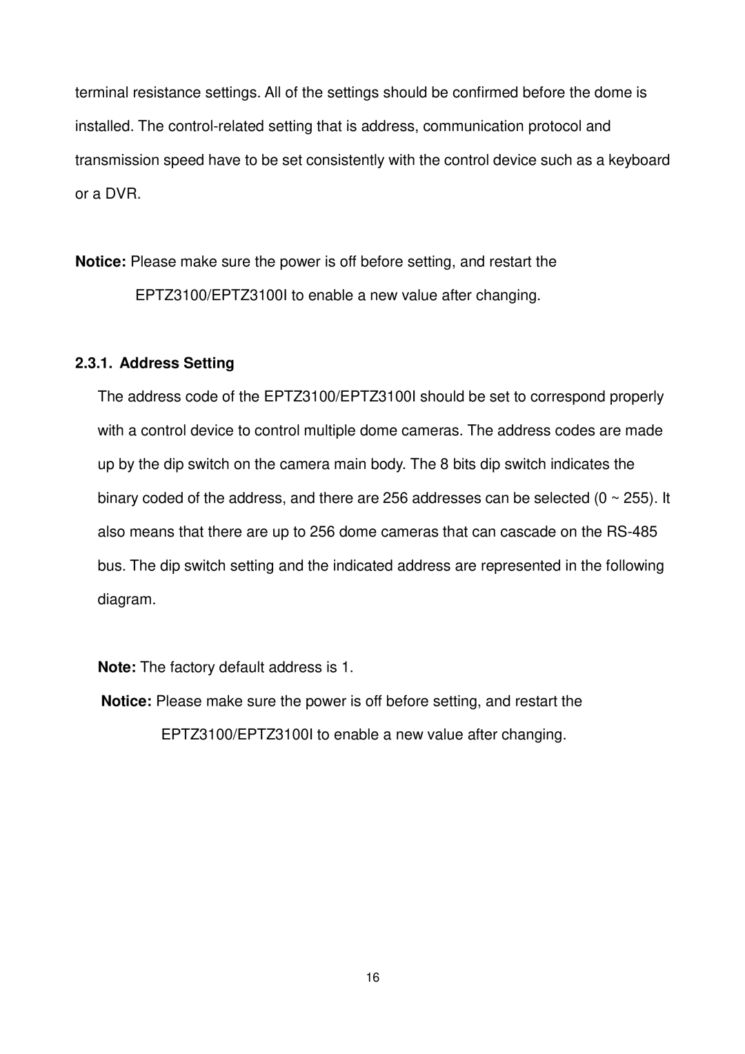 EverFocus EPTZ3100I user manual Address Setting 