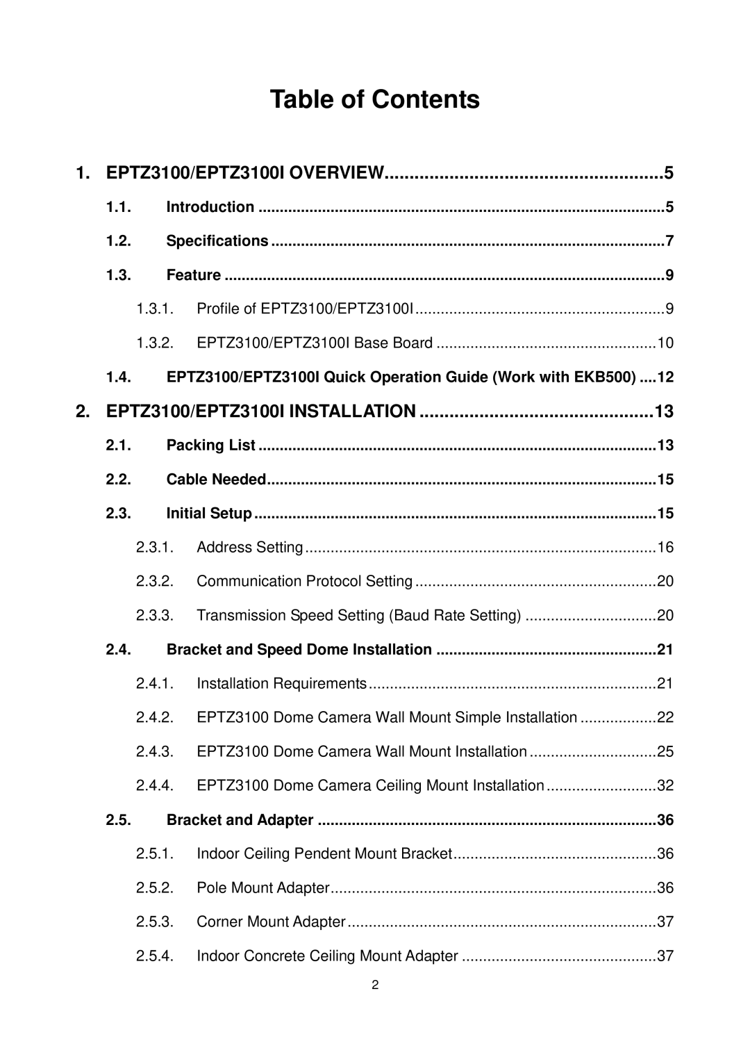 EverFocus EPTZ3100I user manual Table of Contents 