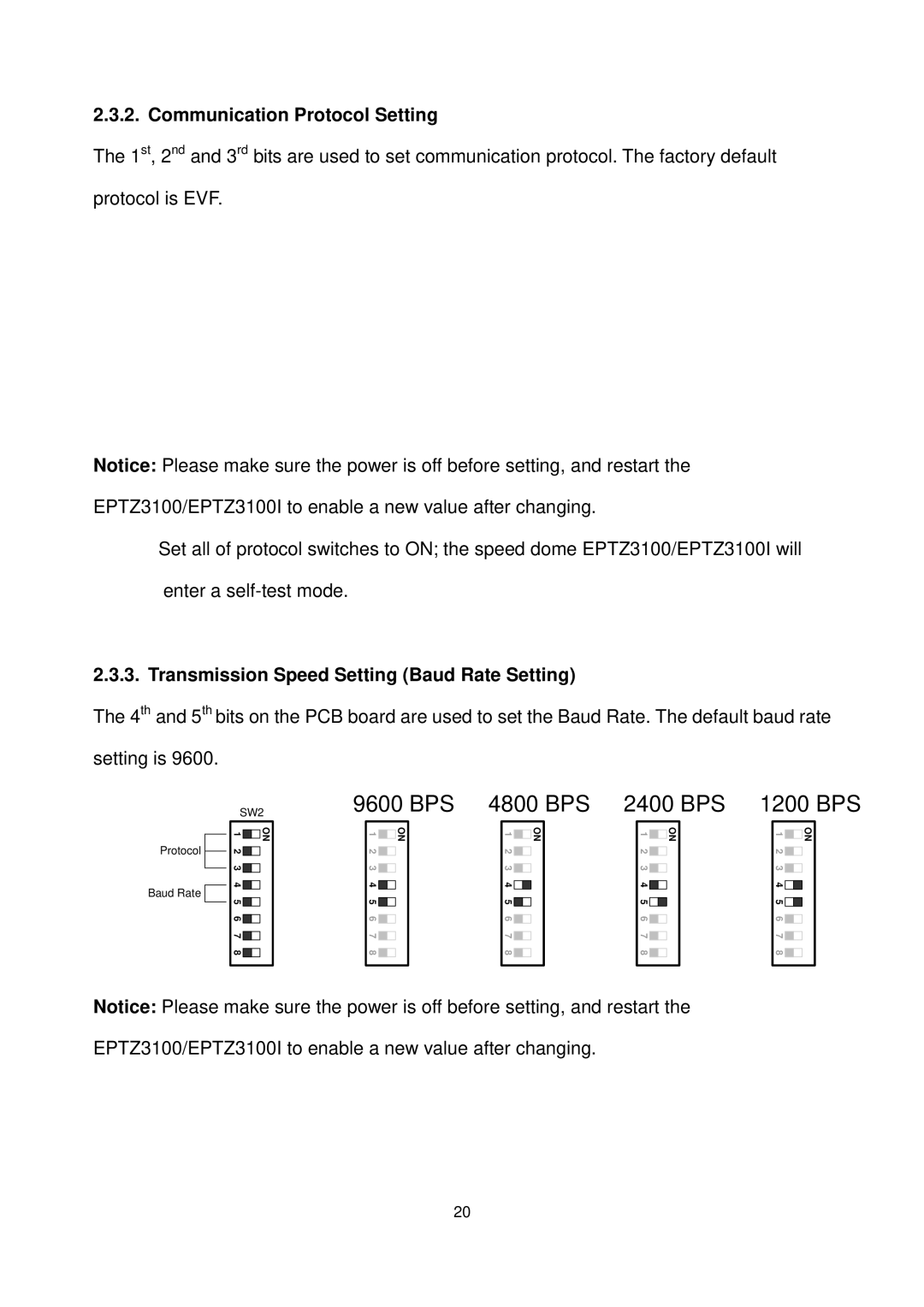 EverFocus EPTZ3100I user manual Communication Protocol Setting, Transmission Speed Setting Baud Rate Setting 