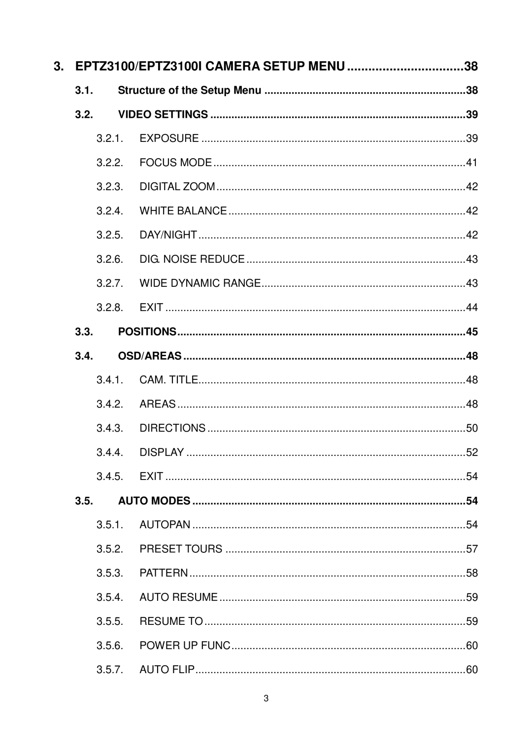 EverFocus EPTZ3100/EPTZ3100I Camera Setup Menu, Structure of the Setup Menu, Video Settings, Positions OSD/AREAS 