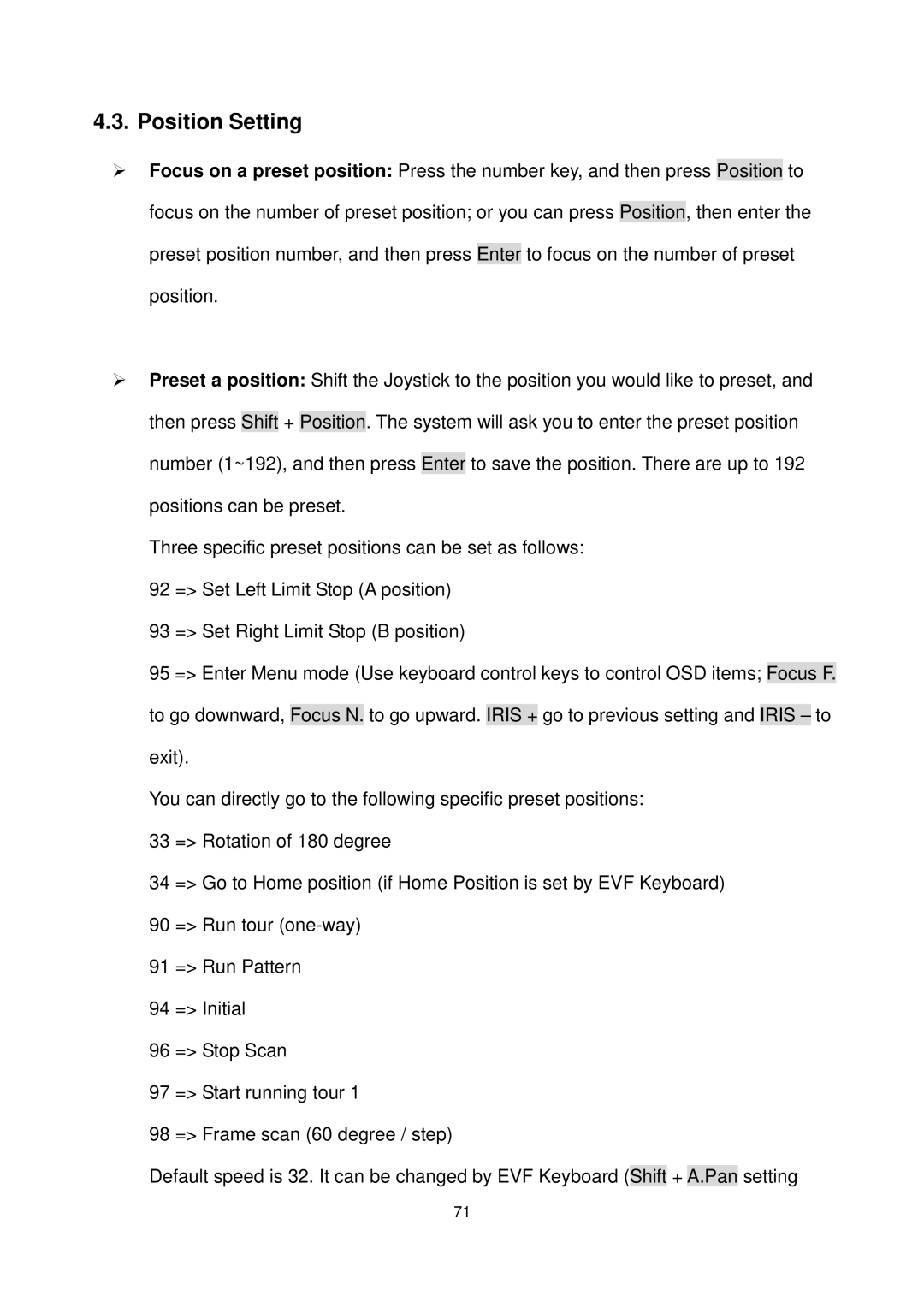 EverFocus EPTZ3100I user manual Position Setting 