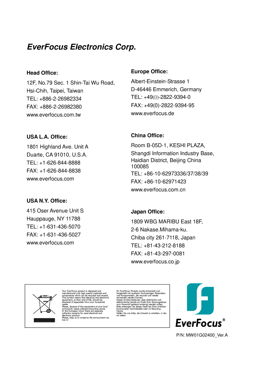 EverFocus EPTZ3100I user manual Head Office, USA L.A. Office USA N.Y. Office Europe Office China Office, Japan Office 