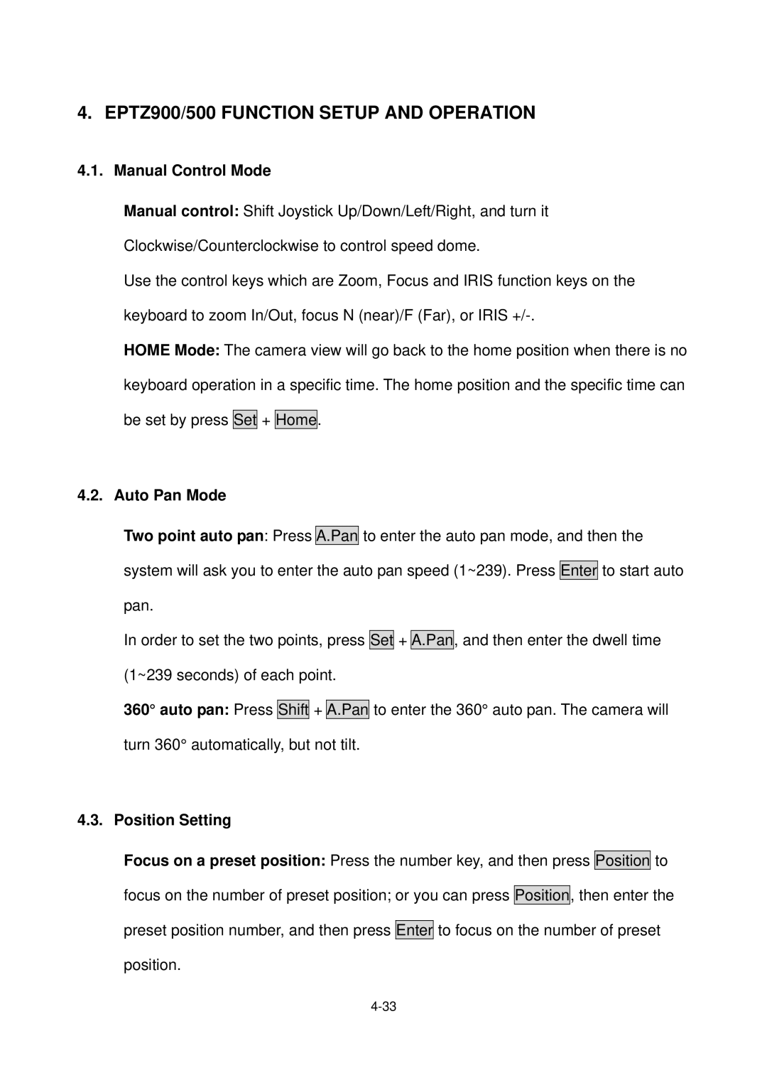 EverFocus user manual EPTZ900/500 Function Setup and Operation, Manual Control Mode 