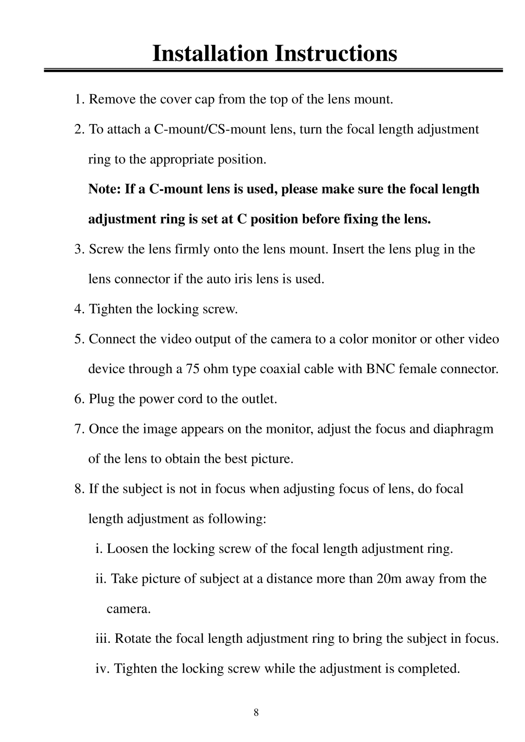 EverFocus EQ120 user manual Installation Instructions 