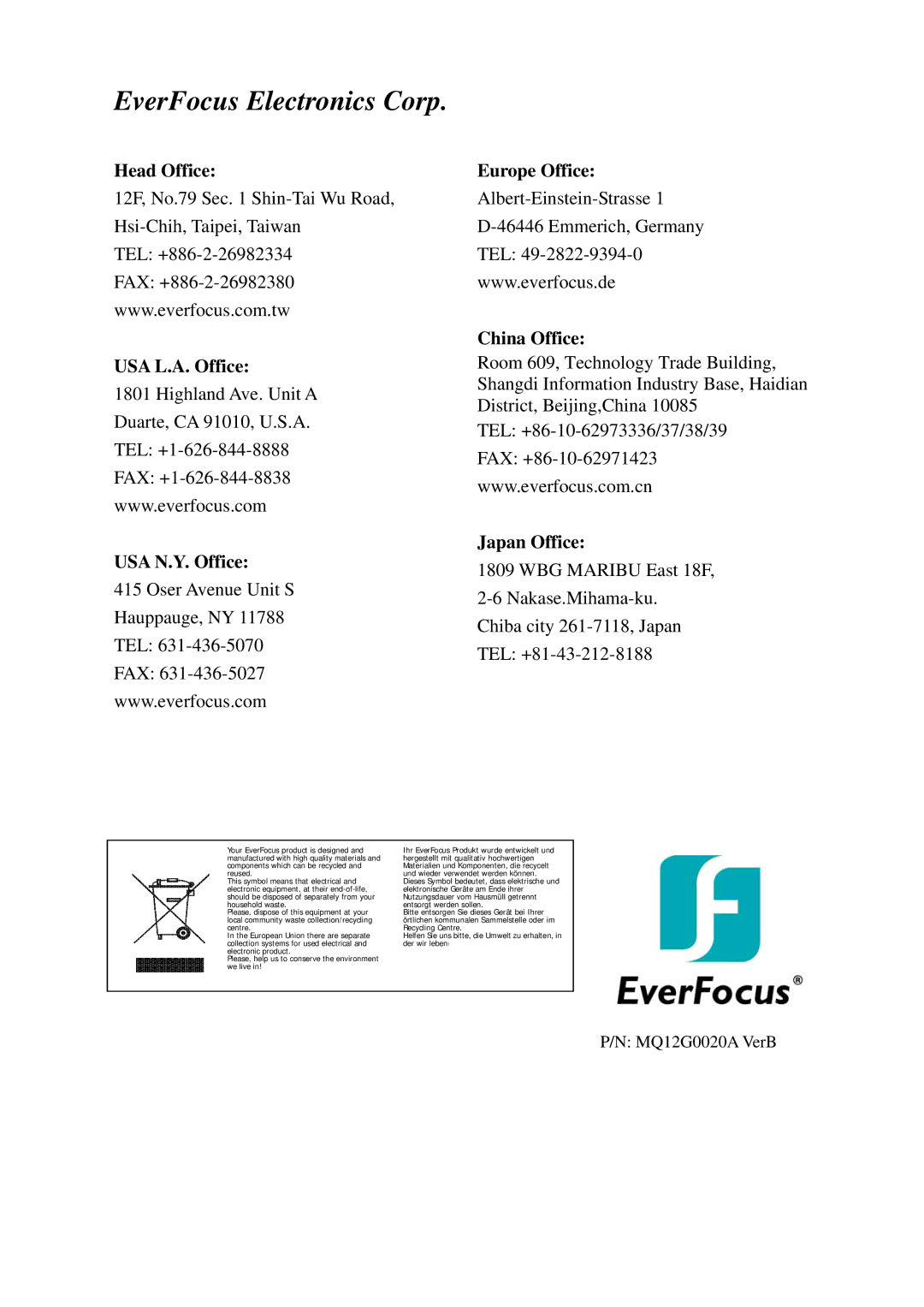 EverFocus EQ120 user manual EverFocus Electronics Corp 