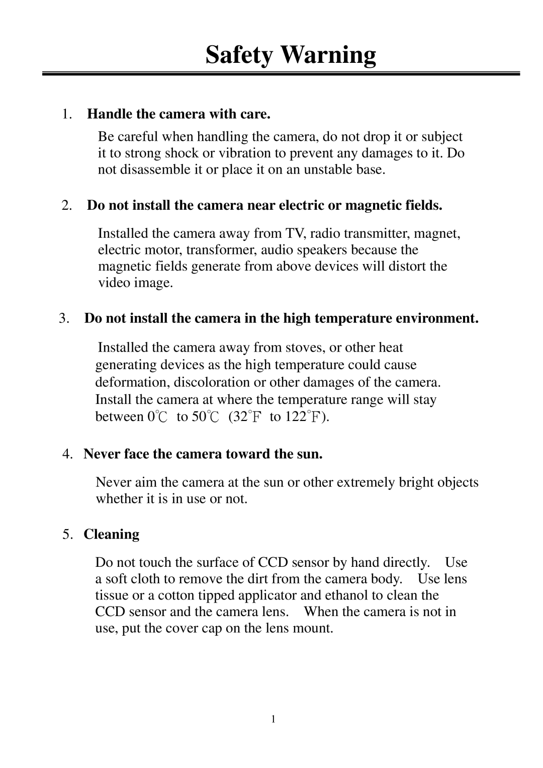 EverFocus EQ120 Safety Warning, Handle the camera with care, Do not install the camera near electric or magnetic fields 