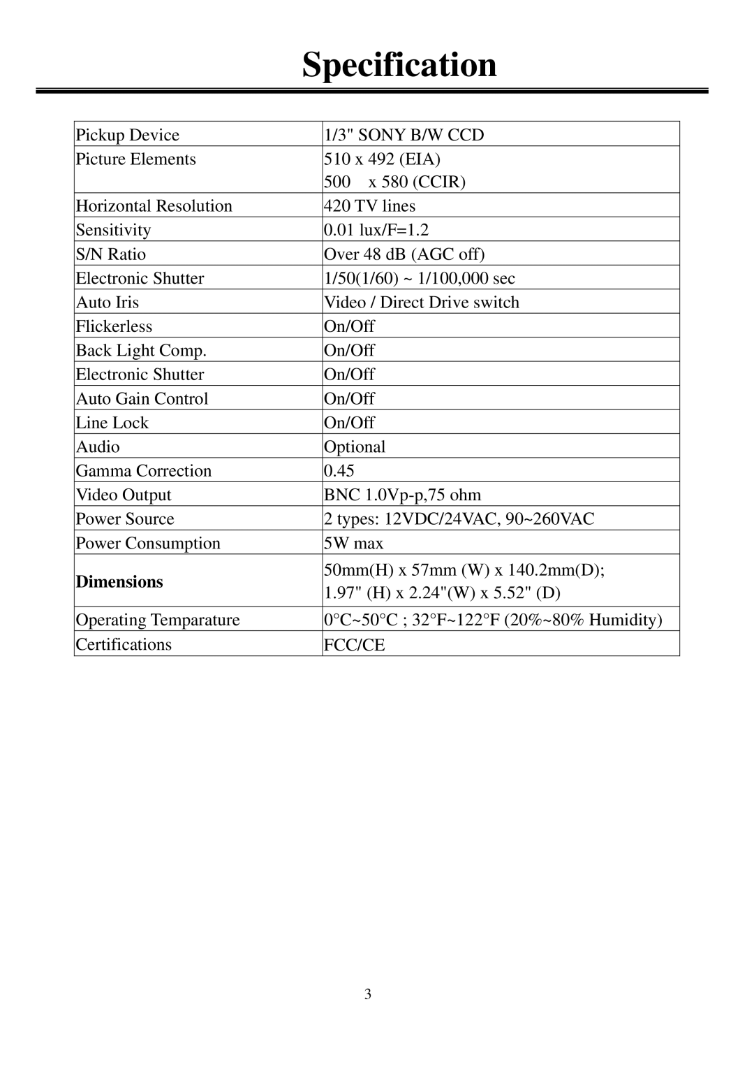 EverFocus EQ120 user manual Specification, Sony B/W CCD 