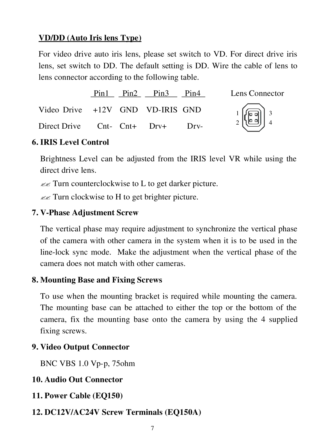EverFocus EQ150 VD/DD Auto Iris lens Type, Iris Level Control, Phase Adjustment Screw, Mounting Base and Fixing Screws 