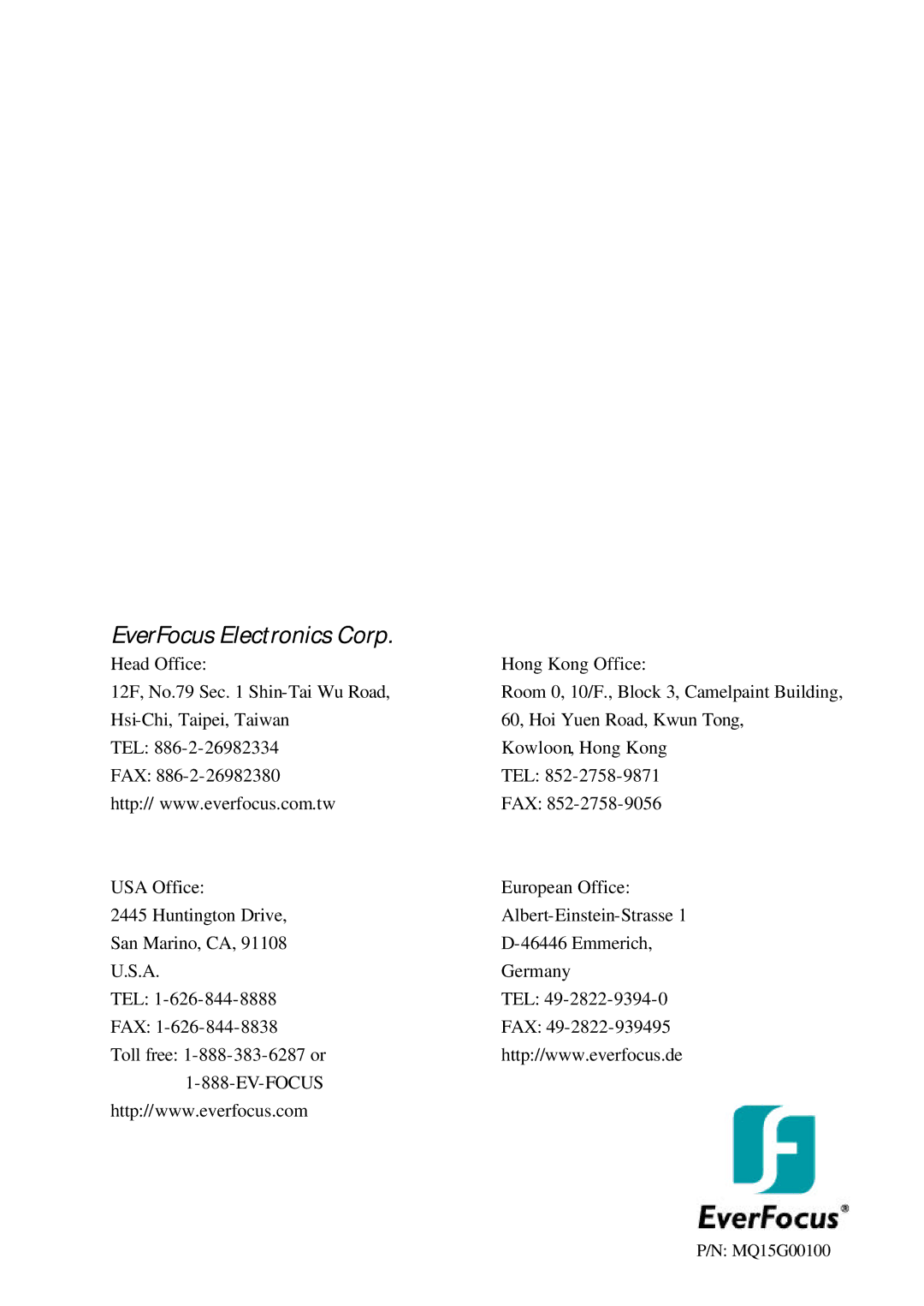 EverFocus EQ150 user manual EverFocus Electronics Corp 