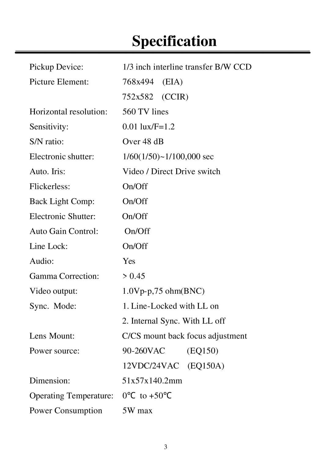 EverFocus EQ150 user manual Specification, 耟耟 耟 耟 