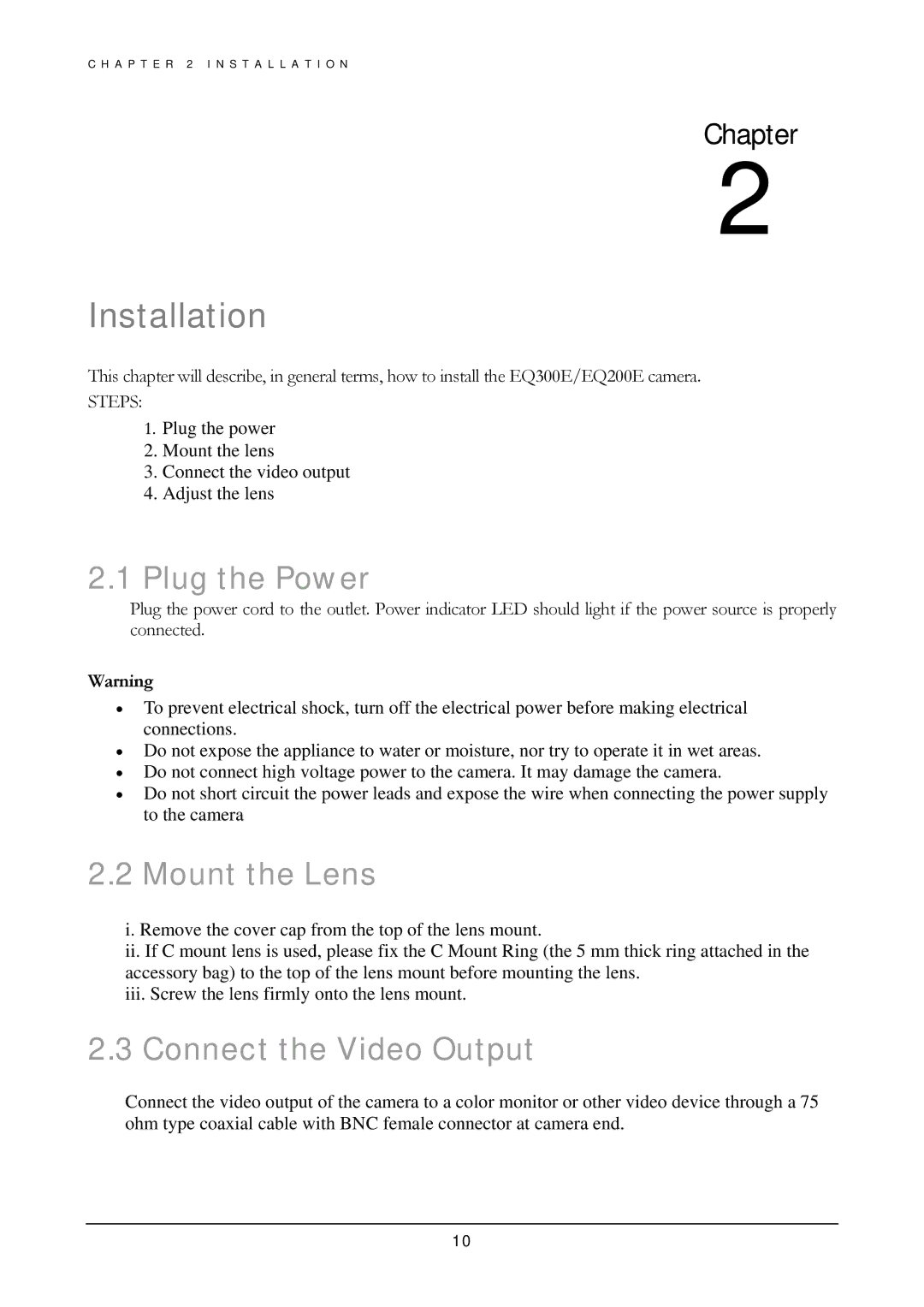 EverFocus EQ200E, EQ300E manual Installation, Plug the Power, Mount the Lens, Connect the Video Output 