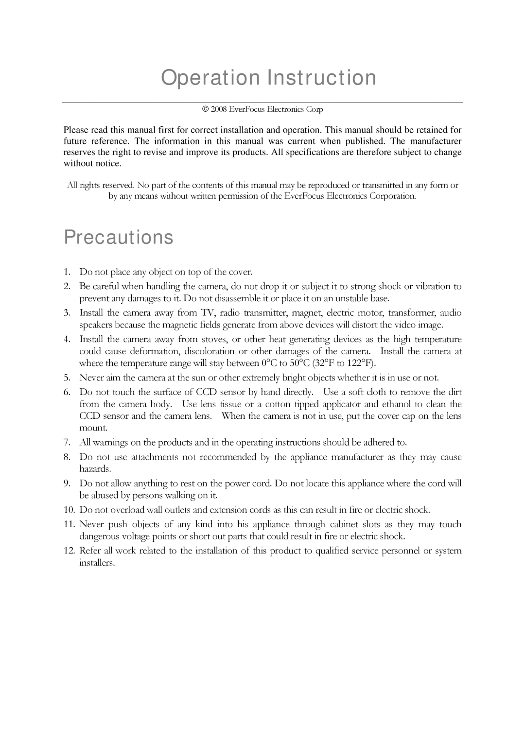 EverFocus EQ200E, EQ300E manual Operation Instruction, Precautions 