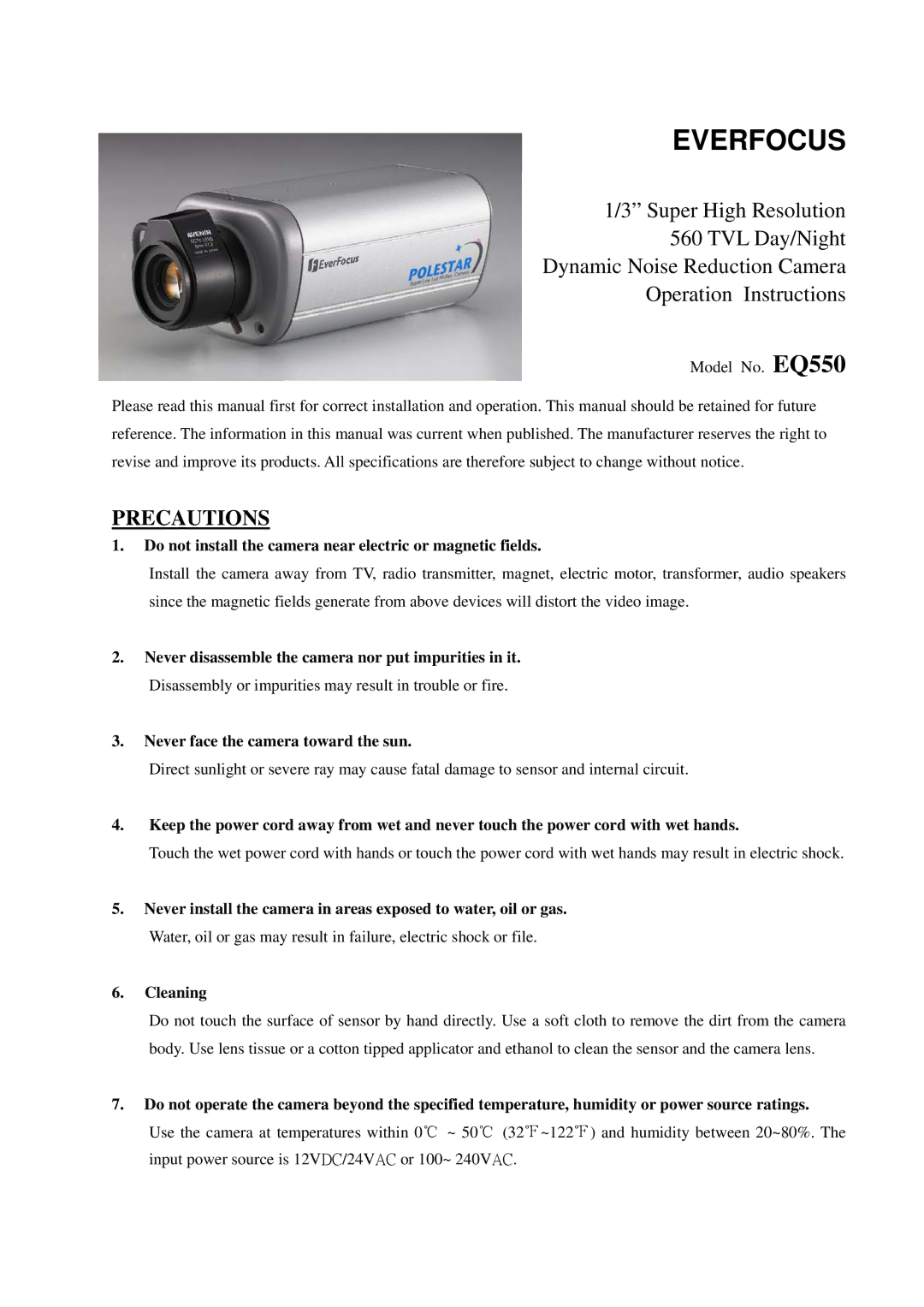 EverFocus EQ550 specifications Everfocus, Precautions 