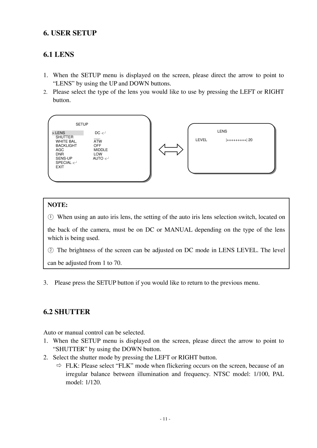 EverFocus EQ550 specifications User Setup 6.1 Lens, Shutter 