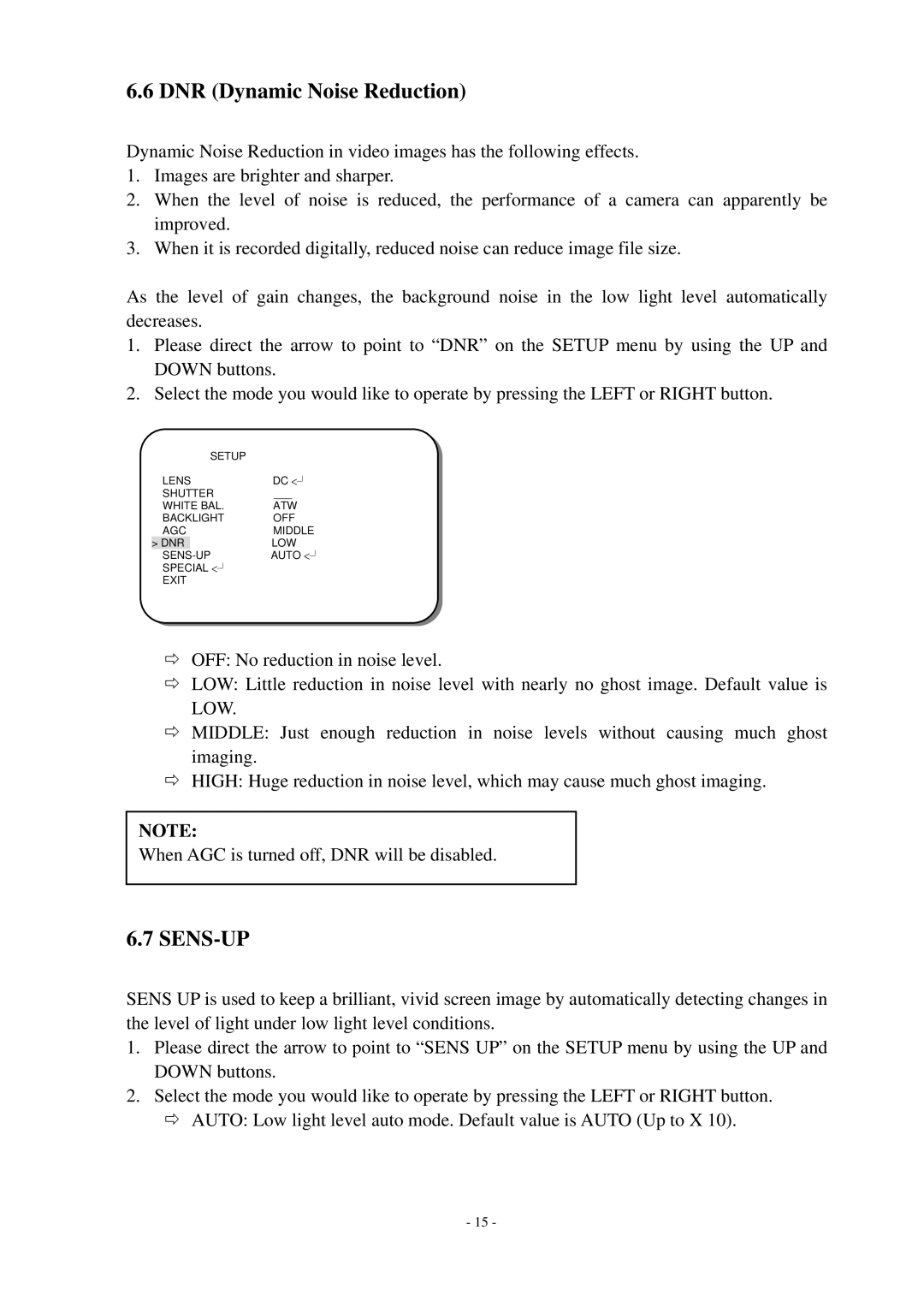 EverFocus EQ550 specifications DNR Dynamic Noise Reduction, Sens-Up 