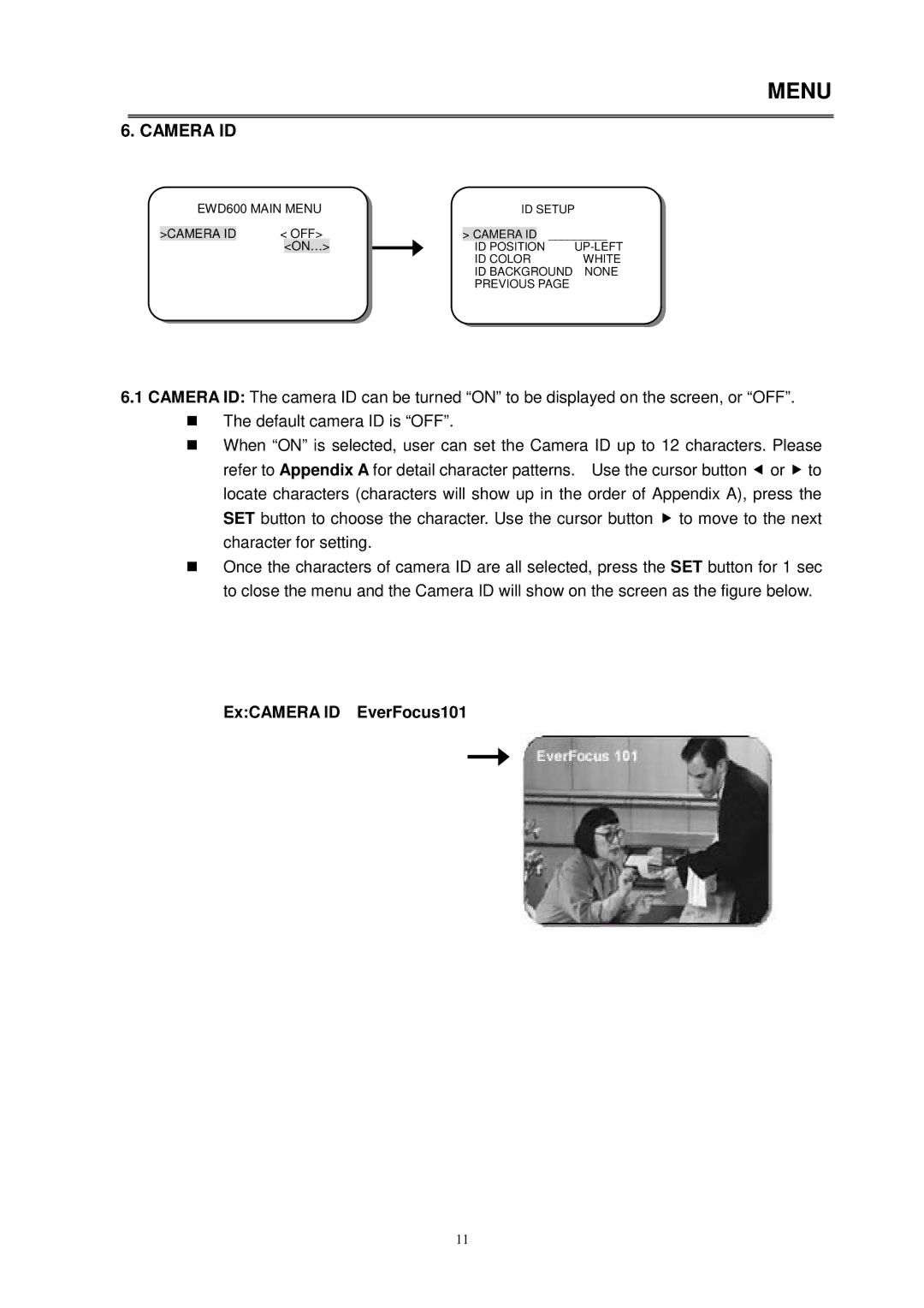 EverFocus EQ600 WDII instruction manual Camera ID, ExCAMERA ID EverFocus101 