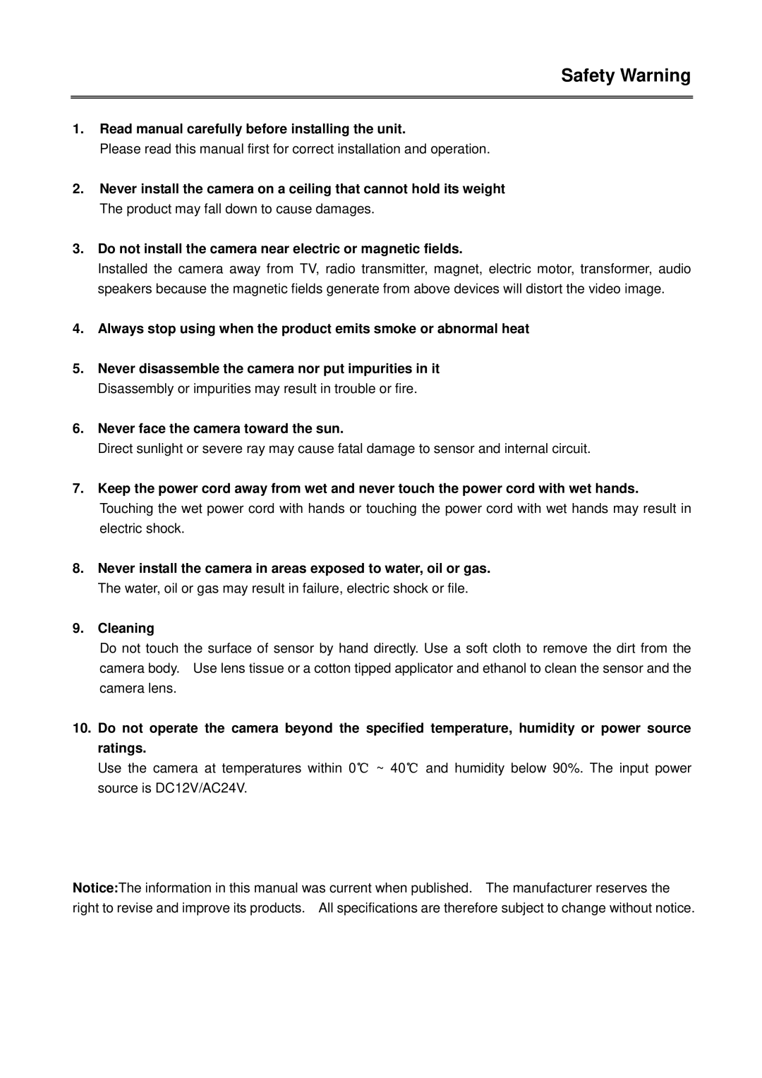 EverFocus EQ600 WDII instruction manual Safety Warning, Read manual carefully before installing the unit, Cleaning 