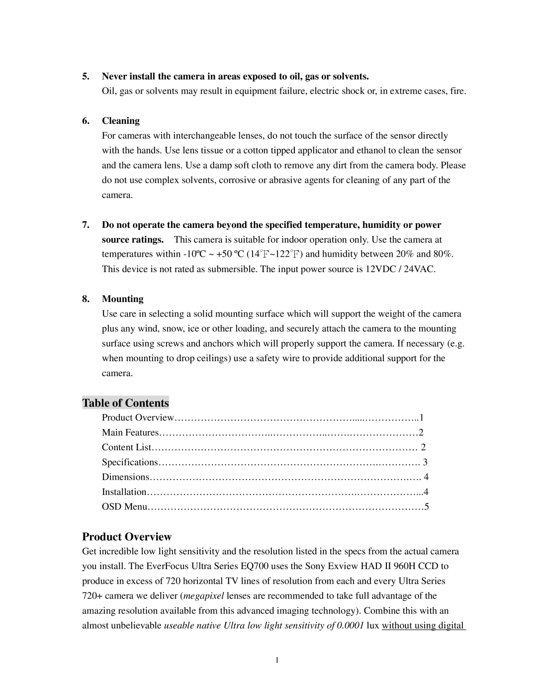 EverFocus EQ700 specifications Table of Contents, Product Overview 