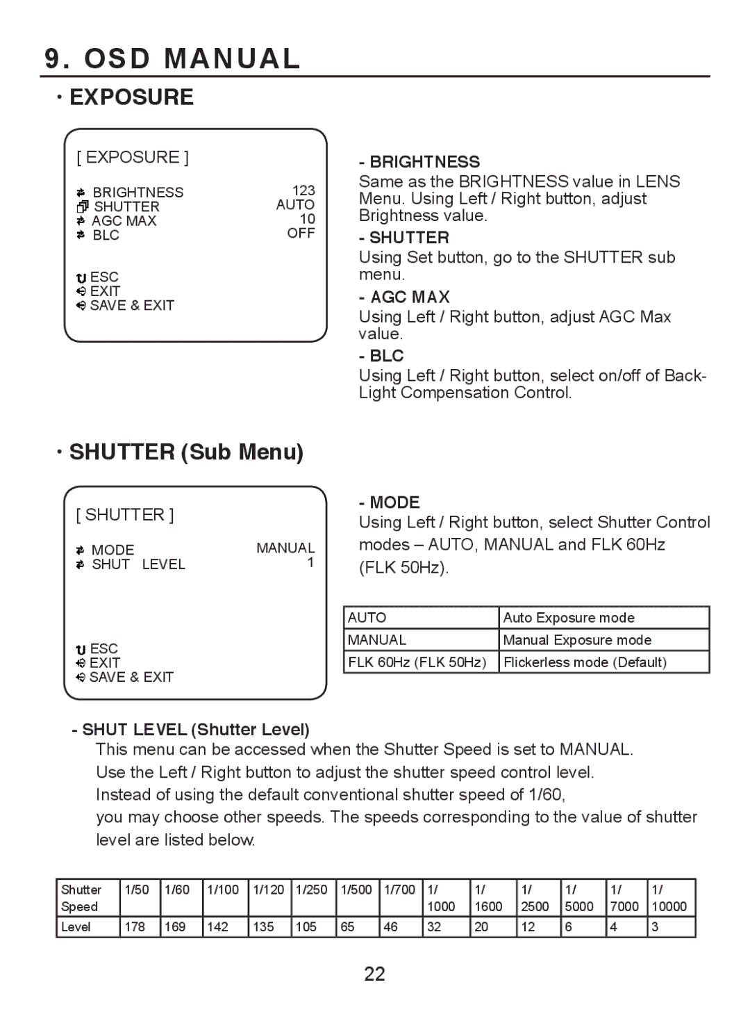 EverFocus EQH5000 operation manual Exposure, Shutter Sub Menu 