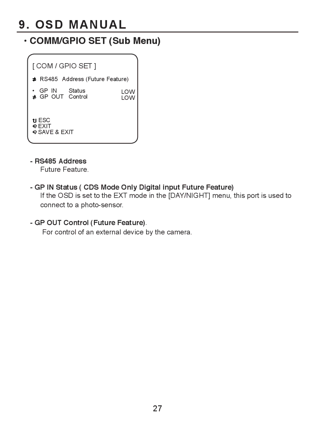 EverFocus EQH5000 operation manual COMM/GPIO SET Sub Menu, GP in Status CDS Mode Only Digital input Future Feature 