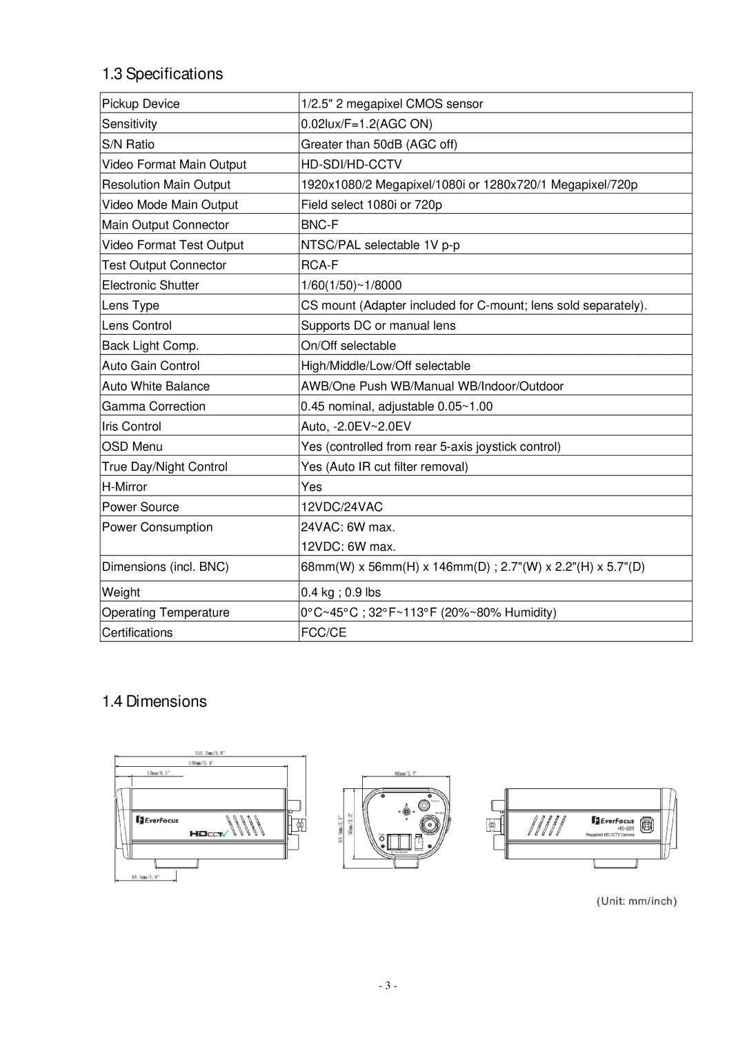 EverFocus EQH5200 specifications Specifications, Dimensions 