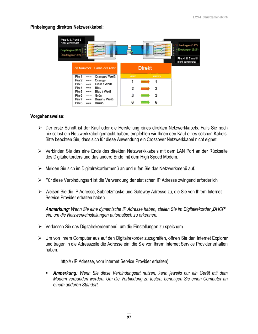 EverFocus ERS-4 manual Pinbelegung direktes Netzwerkkabel Vorgehensweise 