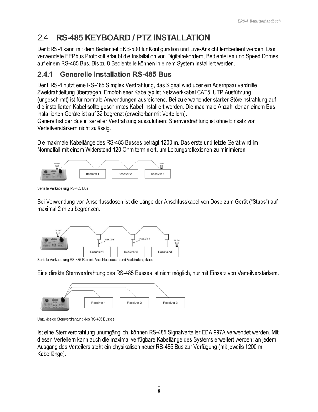 EverFocus ERS-4 manual RS-485 Keyboard / PTZ Installation, Generelle Installation RS-485 Bus 