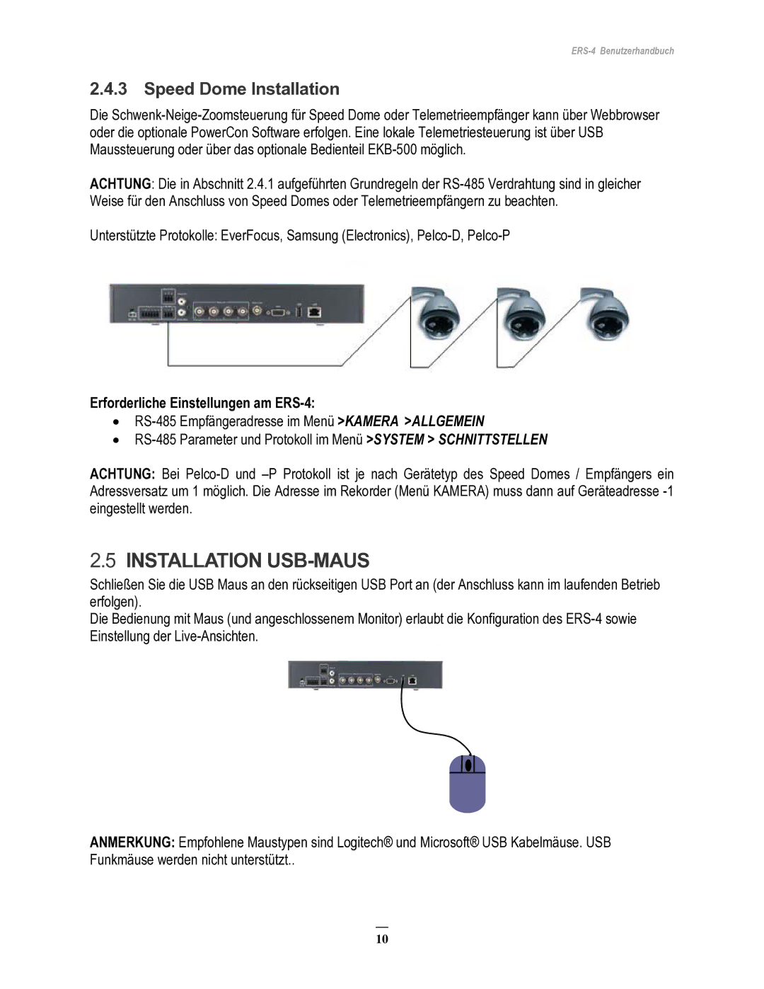 EverFocus manual Installation USB-MAUS, Speed Dome Installation, Erforderliche Einstellungen am ERS-4 