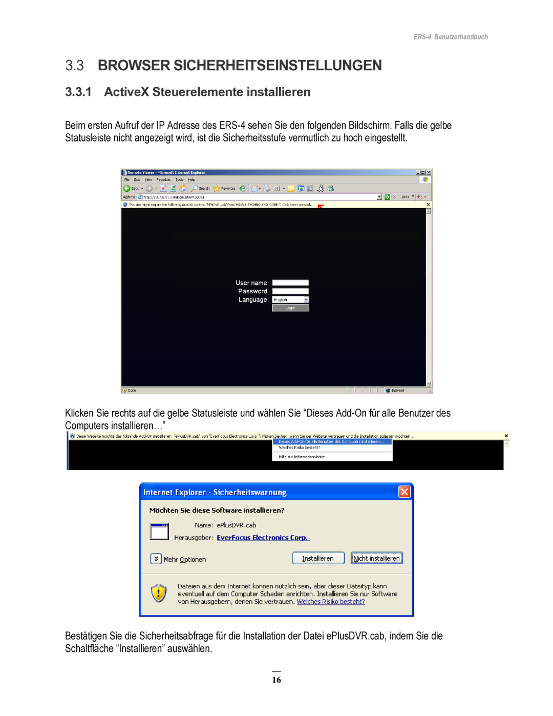 EverFocus ERS-4 manual Browser Sicherheitseinstellungen, ActiveX Steuerelemente installieren 