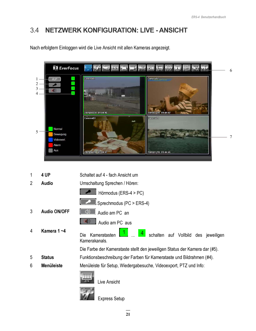 EverFocus ERS-4 manual Netzwerk Konfiguration Live Ansicht, Audio ON/OFF Kamera 1 ~4 Status Menüleiste 