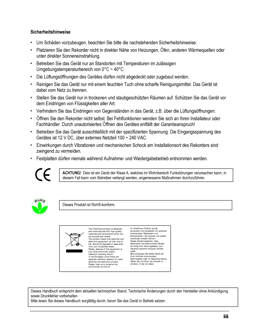 EverFocus ERS-4 manual Sicherheitshinweise, Iii 