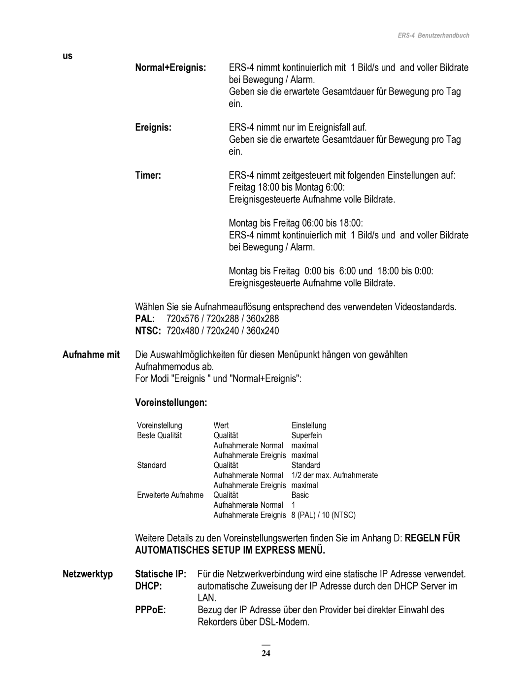 EverFocus ERS-4 manual Normal+Ereignis, Timer, Voreinstellungen, Netzwerktyp Statische IP, PPPoE 