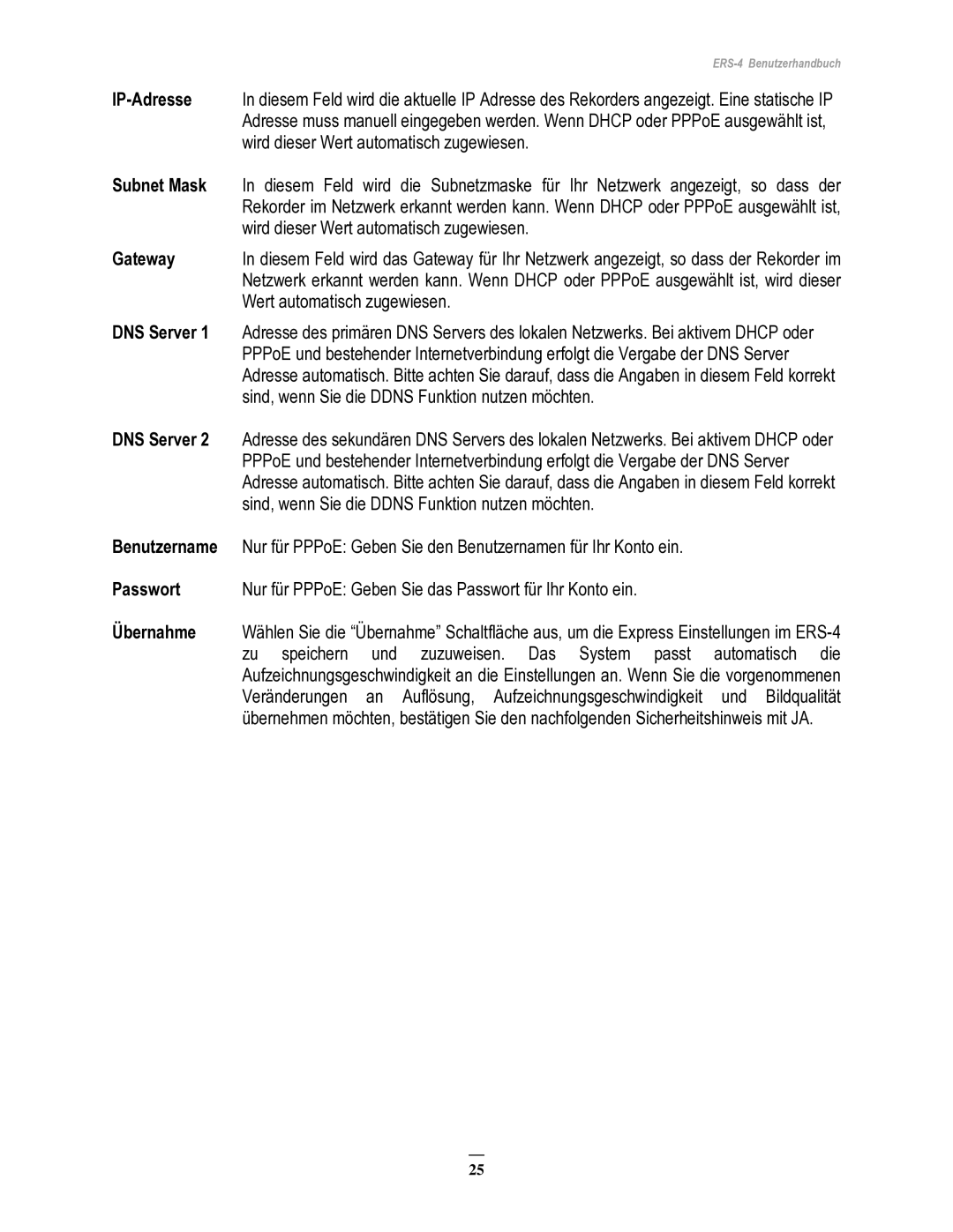 EverFocus ERS-4 manual IP-Adresse, Subnet Mask, Gateway, DNS Server, Benutzername, Übernahme 