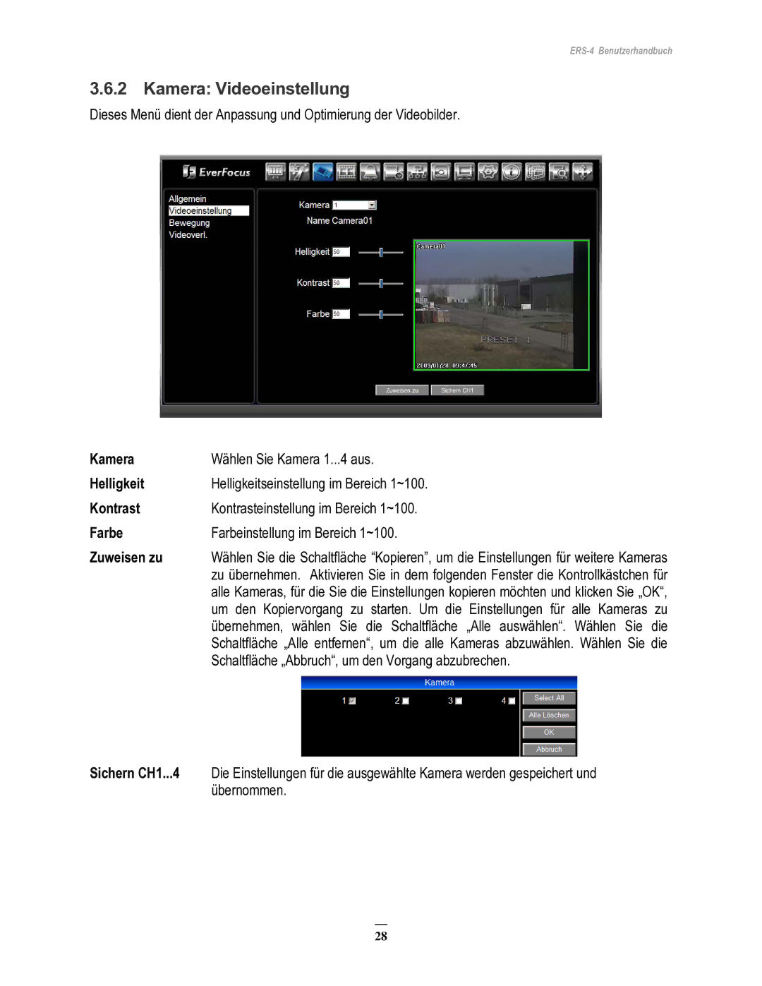 EverFocus ERS-4 manual Kamera Videoeinstellung, Helligkeit, Kontrast, Farbe, Zuweisen zu 