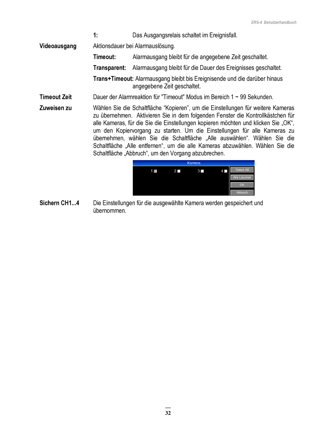 EverFocus ERS-4 manual Videoausgang, Transparent, Timeout Zeit 